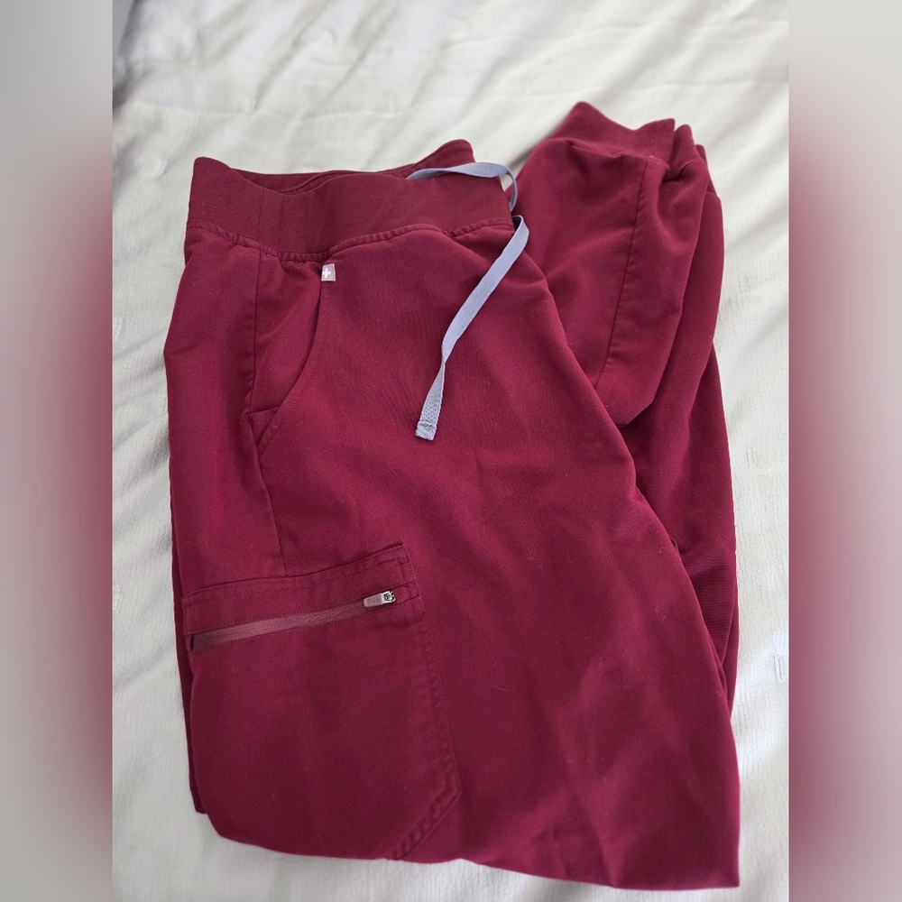 Figs Zamora 5+ pocket Jogger Scrub Pants in Maroon/Cranberry